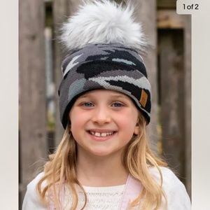 Panache Kids grey camo knit hat with pom accent